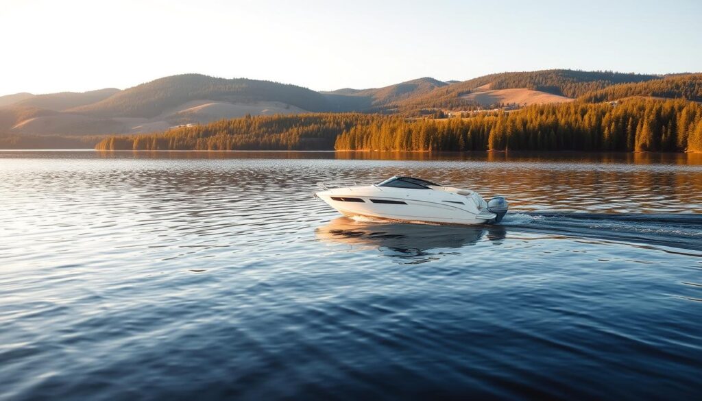 A serene lake in Minnesota, with a sleek white motorboat drifting peacefully across the calm waters. The boat's reflection ripples on the surface, creating a tranquil, mirror-like effect. In the background, a picturesque landscape of rolling hills and lush pine forests, bathed in the warm glow of the afternoon sun. The scene conveys a sense of relaxation and the joys of recreational boating, while subtly hinting at the financial considerations of insuring such a vessel in this idyllic setting.