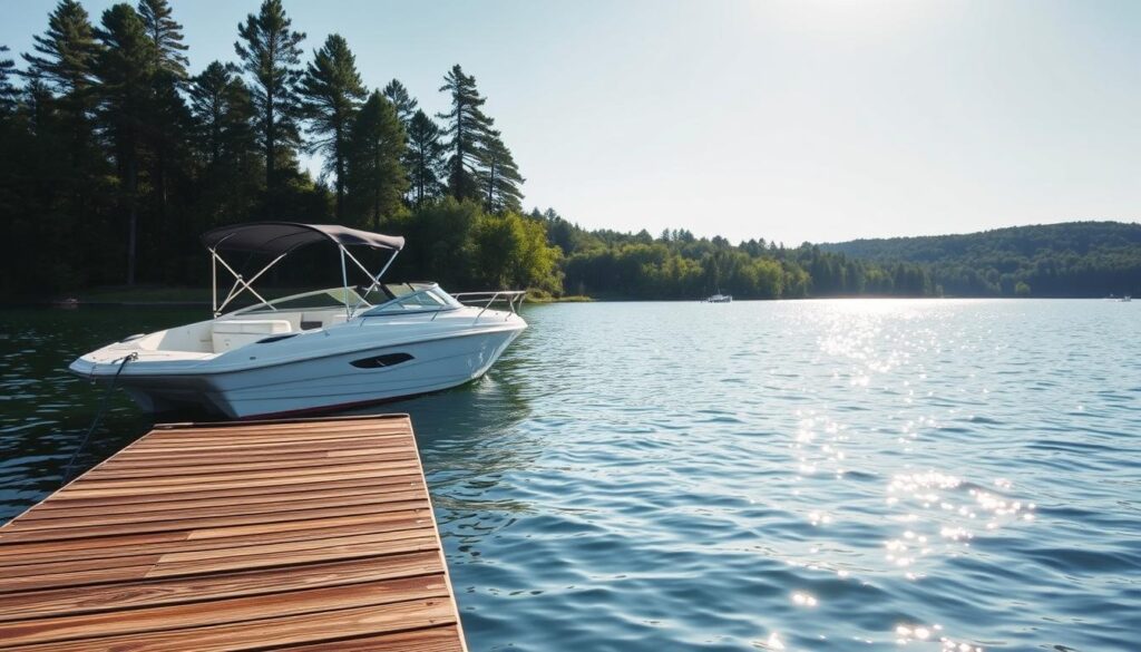 A serene lakeside scene, with a pristine white motorboat anchored in the foreground. Sunlight dances on the calm waters, casting a warm glow over the vessel. In the middle ground, a wooden dock extends into the lake, its weathered planks hinting at the boat's frequent use. The background is a lush, verdant landscape, with towering pine trees framing the idyllic setting. The image conveys a sense of tranquility and the joy of boating, inviting the viewer to consider the costs associated with insuring such a precious asset.