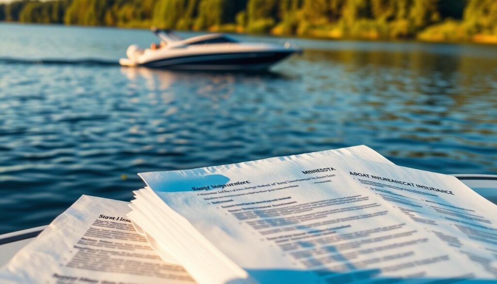 A serene lakeside scene, with a sleek motorboat gently bobbing on the still waters. The boat's hull gleams in the soft, warm sunlight, its polished surface reflecting the vibrant hues of the lush, verdant shoreline. In the foreground, a stack of official-looking documents lays open, showcasing the detailed requirements for boat insurance in the state of Minnesota. The documents are illuminated by a subtle, focused lighting, drawing the viewer's attention to the important information they contain. The overall atmosphere is one of tranquility and attention to detail, reflecting the practical yet necessary considerations of responsible boat ownership.