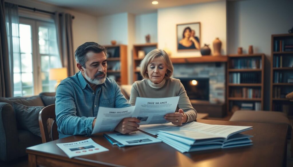 A serene, photorealistic scene of a family reviewing long-term care insurance policies in their comfortable Michigan home. The soft, warm lighting gently illuminates the scene, creating a sense of security and care. In the foreground, a middle-aged couple sits at a wooden table, surrounded by various insurance documents and brochures. Their expressions convey thoughtfulness and concern as they discuss the options available to them. In the background, a cozy living room with bookshelves and a fireplace sets the stage for this important financial decision. The overall atmosphere is one of contemplation and preparation, reflecting the importance of long-term care planning for their retirement years.