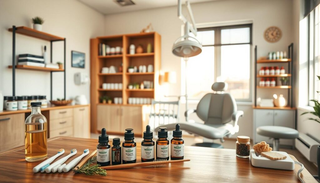 A serene, sun-lit examination room showcases an array of holistic dental tools and remedies. In the foreground, a set of organic toothbrushes, herbal tinctures, and essential oils are neatly arranged on a wooden table. The middle ground features a high-quality dental chair with ergonomic cushions, surrounded by shelves displaying natural dental supplements and homeopathic treatments. The background depicts large windows allowing warm, gentle light to fill the space, evoking a tranquil, wellness-focused atmosphere. The overall composition conveys the costs and comprehensive nature of holistic dental care, emphasizing its natural, personalized approach to oral health.