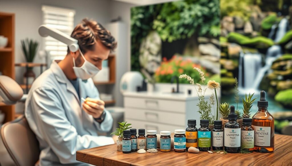 A serene, well-lit dental office with a holistic focus. In the foreground, a dentist carefully examines a patient's teeth using advanced diagnostic tools. In the middle ground, a variety of herbal supplements, essential oils, and natural remedies are displayed on a wooden table, reflecting the holistic approach. The background depicts calming nature scenes, such as a lush garden or a soothing waterfall, creating a tranquil atmosphere. The overall scene conveys a sense of balance, wellness, and personalized care, in contrast to the clinical setting of a traditional dental practice.