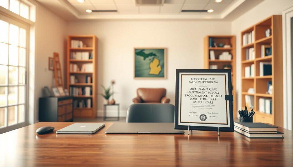 A serene, well-lit office environment with warm, natural lighting filtering through large windows. In the foreground, a polished wooden desk featuring a sleek laptop, modern desk accessories, and a framed certificate labeled "Michigan Long-Term Care Partnership Program". Bookshelves line the walls, conveying a sense of professionalism and expertise. The middle ground showcases a comfortable armchair and end table, creating an inviting space for client consultations. In the background, a subtle Michigan state flag hangs, subtly hinting at the program's local origins. The overall atmosphere is one of trust, security, and thoughtful financial planning.
