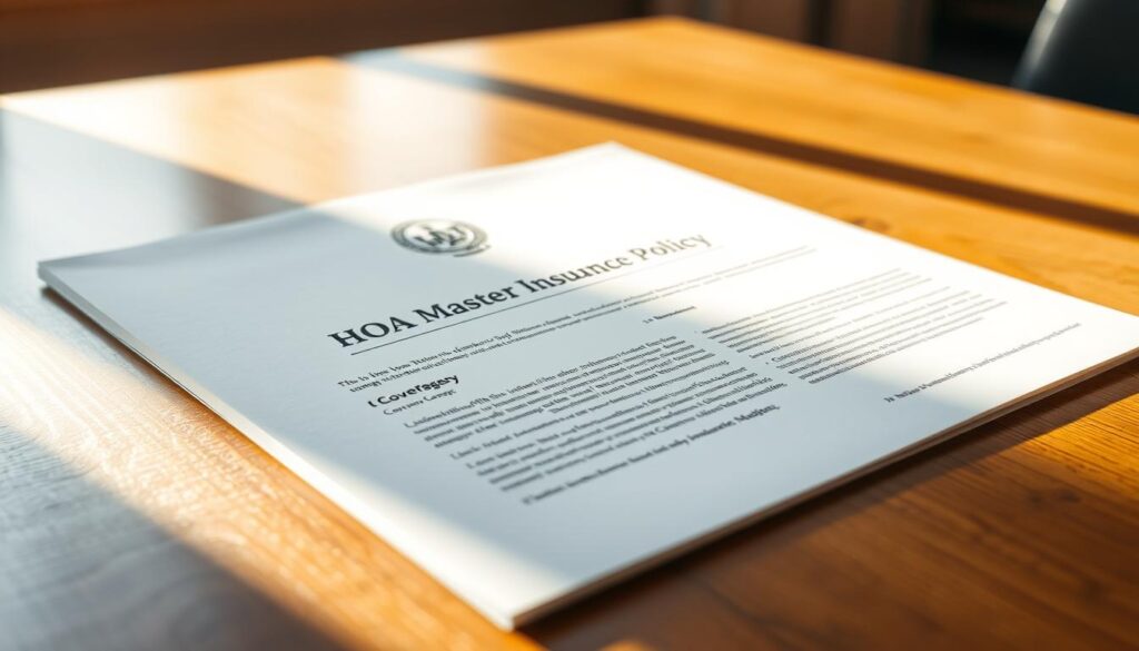 A simple, elegant HOA master insurance policy document lying on a wooden table, illuminated by warm natural lighting. The document's cover features the emblematic logo and text, conveying a sense of official importance. In the foreground, the policy pages are slightly open, revealing the detailed coverage information within. The background is softly blurred, drawing the viewer's attention to the central document. The overall atmosphere is one of professional authority and the reassurance of comprehensive insurance protection.