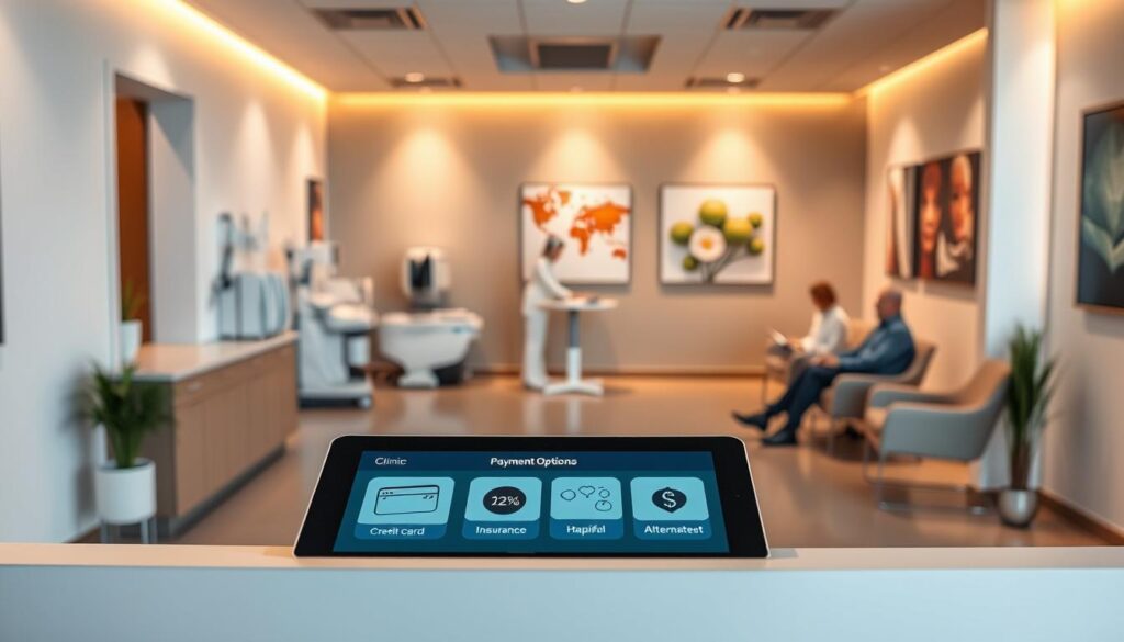 A sleek, contemporary medical clinic interior with clean lines and modern decor. In the foreground, a reception desk with various payment option icons displayed on a tablet screen, depicting credit card, insurance, and alternative payment methods. The middle ground features patients seated in comfortable chairs, discussing payment plans with helpful staff. The background showcases diagnostic equipment and soothing nature-inspired wall art, conveying a sense of professionalism and patient-centric care. Warm, indirect lighting casts a calming glow throughout the space. The overall atmosphere is one of efficiency, transparency, and a patient-focused approach to MeRT treatment financing.