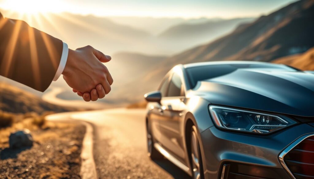 A sleek, luxurious sedan parked on a winding, mountain road, cast in warm, golden sunlight. In the foreground, a hand reaching out to shake another hand, symbolizing a formal transfer of ownership. The background depicts a sprawling valley, with distant peaks capped in snow. The vehicle's exterior gleams, its chrome accents reflecting the sun's rays. The scene conveys a sense of trust, transition, and the beautiful natural setting that serves as the backdrop for this important transaction.