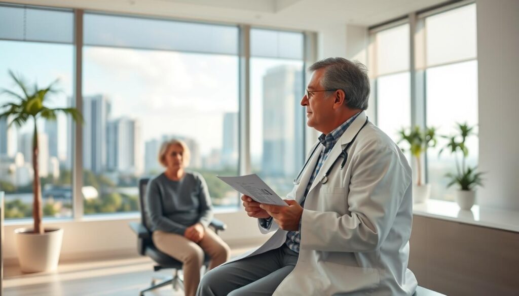 A spacious, well-lit doctor's office interior, with a large window overlooking a cityscape of skyscrapers and palm trees. In the foreground, a middle-aged patient sits on an examination table, discussing insurance coverage details with a medical professional wearing a white coat. The scene is captured with a shallow depth of field, drawing the viewer's attention to the interaction between the two individuals. Soft, natural lighting filters through the window, creating a sense of warmth and professionalism. The overall atmosphere conveys the importance of understanding the intricacies of septoplasty insurance coverage in Florida.