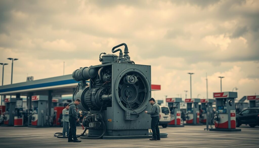 A sprawling gas station, its pumps and equipment meticulously detailed, stands against a backdrop of a cloudy, overcast sky. In the foreground, a group of mechanics inspect a malfunctioning piece of equipment, their expressions conveying a sense of concern and diligent focus. Subtle lighting highlights the intricate textures of the machinery, while the overall scene evokes a mood of pragmatic problem-solving and the importance of reliable, uninterrupted operations. The image captures the essence of the "Protecting Against Business Interruptions" section, underscoring the need for comprehensive insurance coverage to safeguard a gas station's critical assets and ensure seamless continuity.