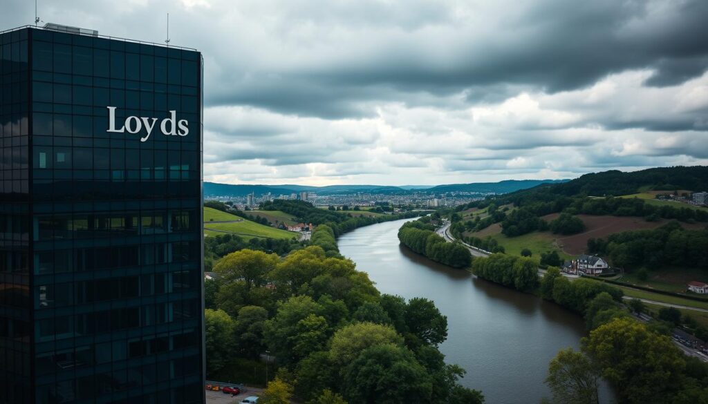 A striking, meticulously detailed image of Lloyds Flood Insurance. In the foreground, a modern office building with a prominent Lloyds logo stands tall, its gleaming glass facade reflecting the cloudy sky above. In the middle ground, a tranquil river flows calmly, its banks lined with lush greenery. In the background, rolling hills and a distant cityscape create a sense of scale and depth. The lighting is soft and diffused, lending a sense of reassurance and security. The overall composition conveys the reliability and trustworthiness of Lloyds Flood Insurance, ready to protect property owners from the unpredictable forces of nature.
