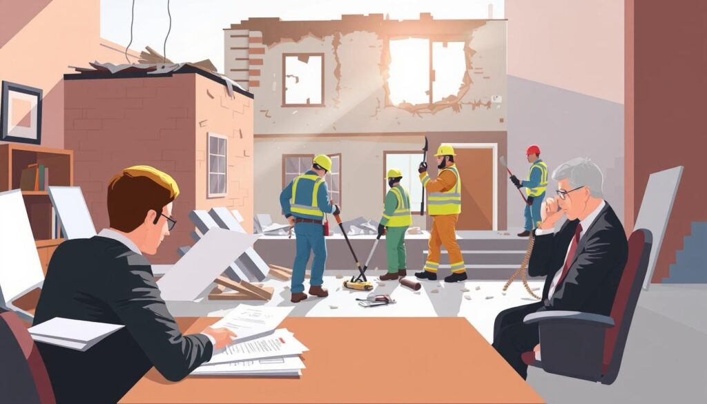 A stylized illustration showcasing the restoration insurance claims process. In the foreground, a person in a suit sits at a desk, reviewing documents and talking on a phone, representing the insurance adjuster. In the middle ground, a team of restoration workers in protective gear assess and document the damage to a property, using tools and equipment. The background depicts a recently damaged building, with sunlight filtering through broken windows and debris scattered around. The scene conveys a sense of professionalism, collaboration, and attention to detail as the insurance and restoration teams work together to address the aftermath of a disaster.