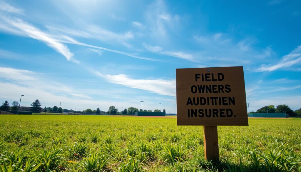 A sun-dappled field sprawls expansively, dotted with lush, verdant grasses. In the foreground, a weathered wooden sign stands, its surface etched with the words "Field Owners Additional Insured Endorsement". The sign casts a soft, natural shadow onto the ground below. In the middle distance, rows of neatly manicured baseball diamonds stretch out, their baselines and foul lines crisp and well-maintained. The sky overhead is a brilliant azure, with wispy clouds drifting lazily. The scene conveys a sense of security, protection, and the importance of properly safeguarding the playing fields that are integral to America's beloved pastime.