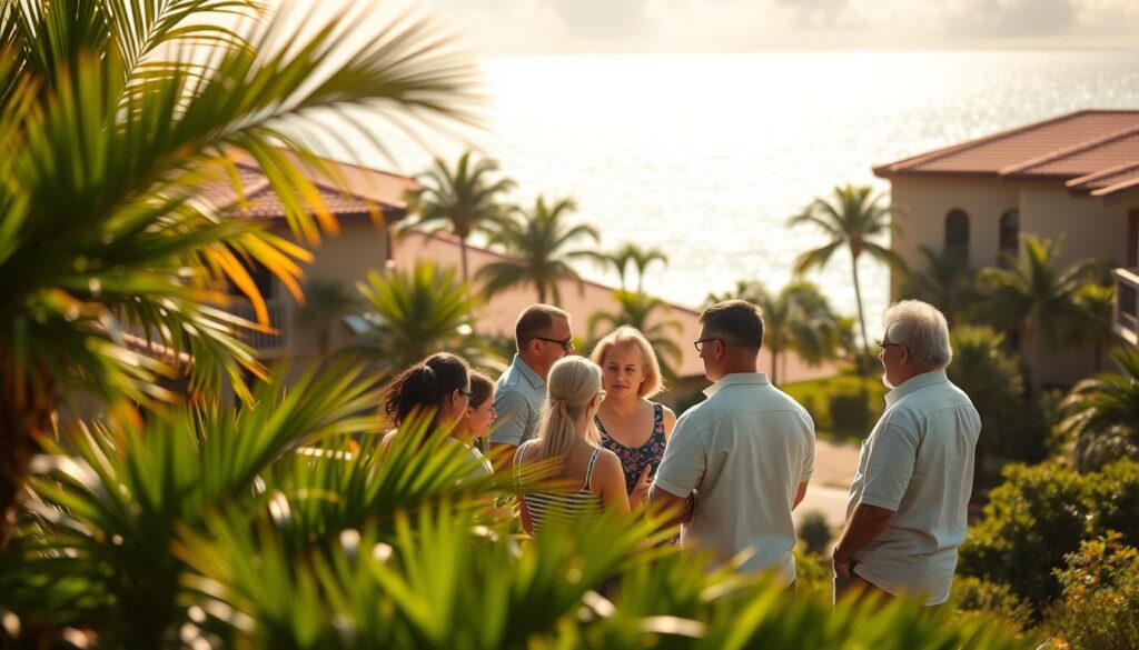 A sunlit Florida condominium complex, with lush tropical foliage in the foreground and the glistening waters of the Gulf of Mexico in the background. The buildings feature a distinctive Mediterranean-inspired architecture, with terracotta roofs and stucco walls. In the middle ground, a group of homeowners is gathered, discussing the details of their HOA insurance policy, their expressions both thoughtful and concerned. The scene is bathed in warm, golden light, creating a sense of calm and introspection, as the homeowners consider the factors that influence the costs of their critical HOA coverage.