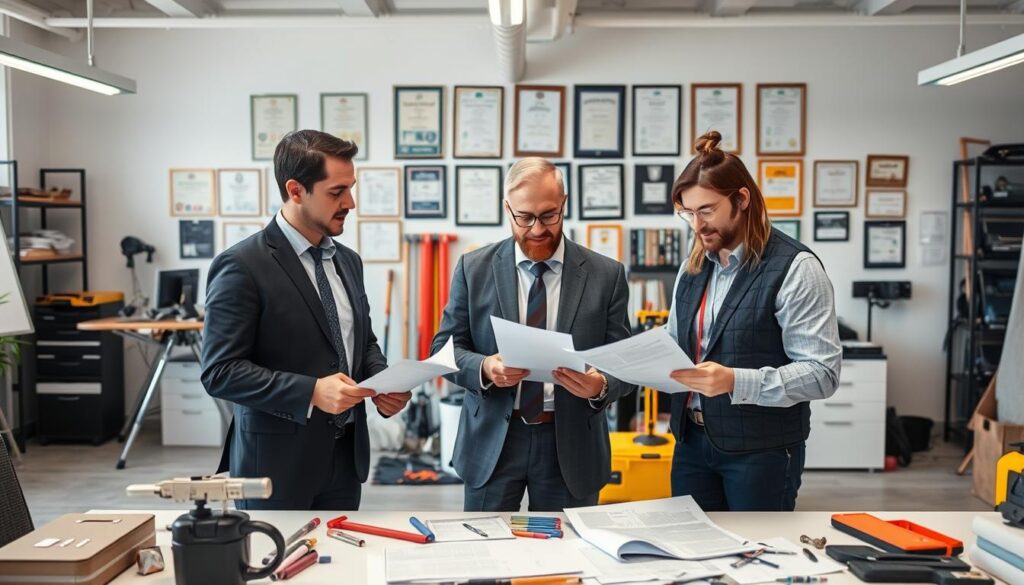 A team of experienced insurance restoration experts gathered in a well-lit, modern office space. In the foreground, three professionals in formal attire examine documents and discuss restoration plans. Behind them, a middle ground showcases various tools and equipment used for damage assessment and remediation. The background features a wall displaying certifications and awards, conveying the consultants' expertise and dedication to their craft. The overall scene exudes a sense of professionalism, problem-solving, and a commitment to providing top-notch service to their clients.