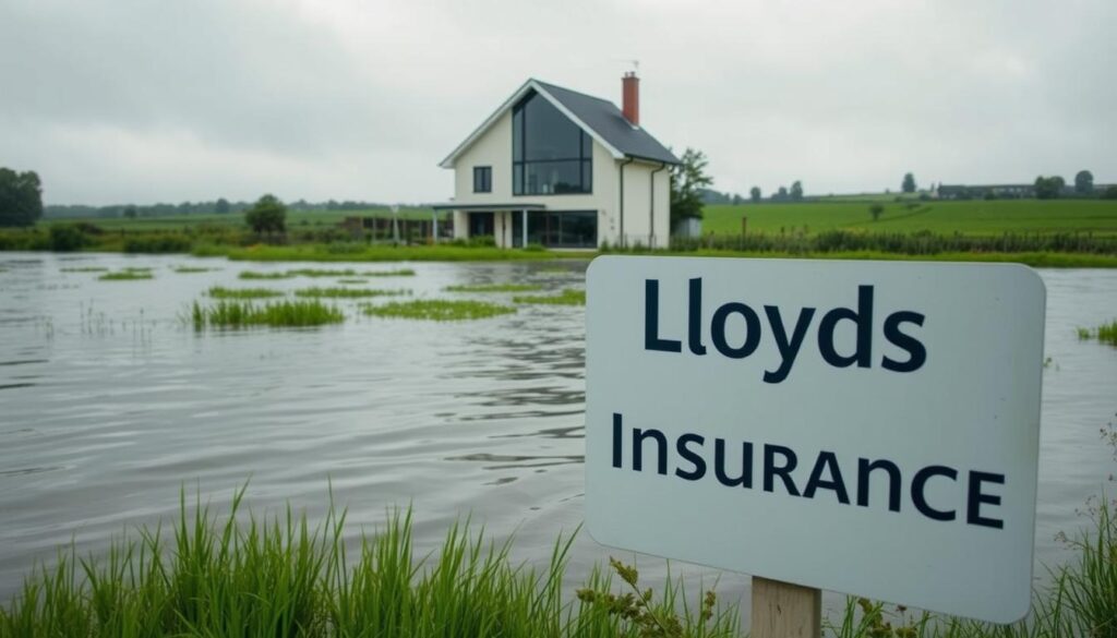 A tranquil countryside landscape, where a modern two-story house stands amidst lush greenery. The house is partially submerged in gently flowing floodwaters, their gentle ripples reflecting the overcast sky above. In the foreground, a "Lloyds Flood Insurance" sign is prominently displayed, its bold text conveying a sense of security and protection. The scene is illuminated by soft, diffused lighting, creating a serene and atmospheric mood. The camera angle is positioned slightly above the scene, providing a comprehensive view of the property and its surroundings. This image effectively communicates the message of Lloyds Flood Insurance safeguarding homes against the unexpected ravages of nature.