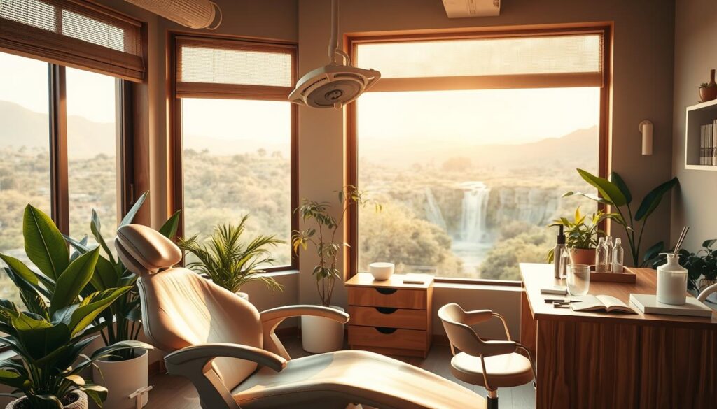 A tranquil, serene scene of a holistic dental office, bathed in warm, natural lighting. In the foreground, an inviting, ergonomic dental chair with organic, earthy tones, surrounded by lush indoor plants and soothing, soft-textured fabrics. In the middle ground, a wooden desk with holistic dental tools and instruments, conveying a sense of mindfulness and attention to detail. The background showcases a panoramic view of a calming, nature-inspired landscape, perhaps with a gentle waterfall or a serene garden, evoking a harmonious, restorative atmosphere. The overall composition exudes a feeling of balance, wellness, and a holistic approach to dental care.