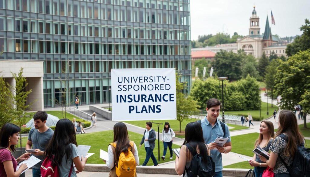 A university campus setting with a modern, glass-paneled building serving as the focal point. In the foreground, students are engaged in conversation, some carrying brochures and documents, conveying the idea of researching insurance options. The middle ground features a prominent sign or banner highlighting "University-Sponsored Insurance Plans", displayed with a clean, professional aesthetic. The background showcases lush greenery, walkways, and other campus landmarks, creating a serene and educational atmosphere. The lighting is soft and diffused, lending a sense of warmth and approachability to the scene. The camera angle is slightly elevated, offering a comprehensive view of the university's insurance offerings and the engaged student community.