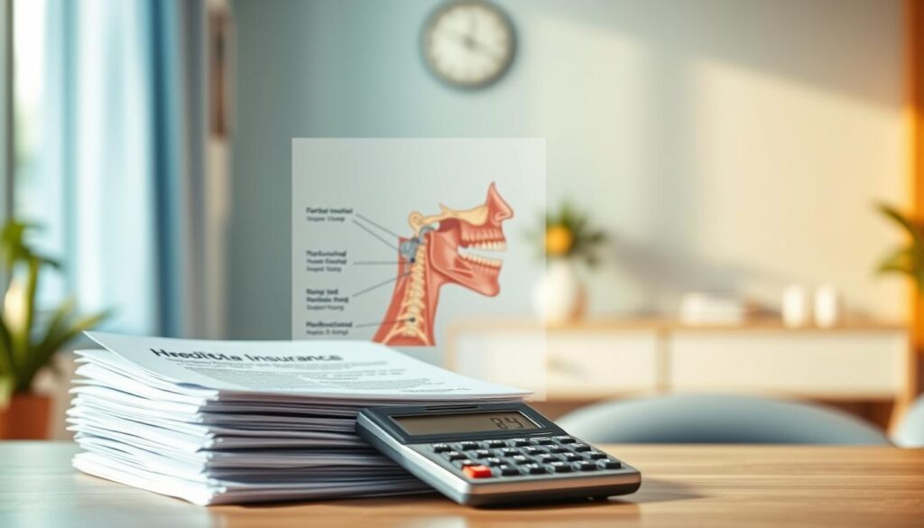 A vibrant and informative medical insurance coverage illustration. In the foreground, a stack of health insurance documents and a calculator, symbolizing the financial aspects of myofunctional therapy. In the middle ground, a detailed anatomical diagram of the human mouth and jaw, highlighting the regions impacted by myofunctional disorders. The background features a soft, blurred medical office setting, with soothing blues and greens to convey a sense of professionalism and care. Warm, natural lighting casts a gentle glow, creating depth and emphasizing the key elements. The overall composition strikes a balance between the technical and the emotive, reflecting the importance of understanding insurance coverage for this specialized therapy.