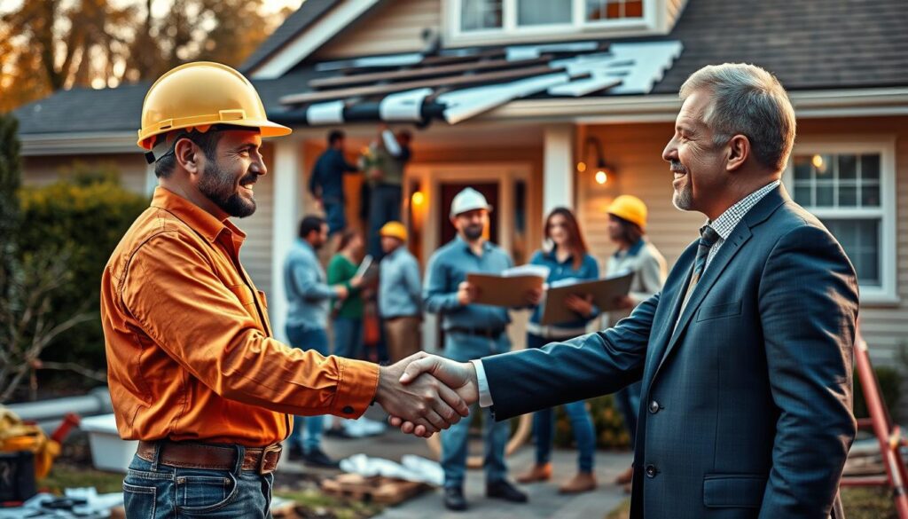 A vibrant collaborative scene showcasing the vital partnership between a restoration company and an insurance provider. In the foreground, a handshake between a restoration expert in a hardhat and an insurance agent in a crisp suit, signifying their cooperative efforts. In the middle ground, their team members discuss restoration plans and insurance policies, surrounded by tools of the trade and insurance documentation. The background features the exterior of a recently damaged property, with workers diligently repairing the structure under the watchful eye of both parties. Warm, golden lighting illuminates the scene, conveying a sense of professionalism, trust, and shared purpose in restoring homes and businesses.