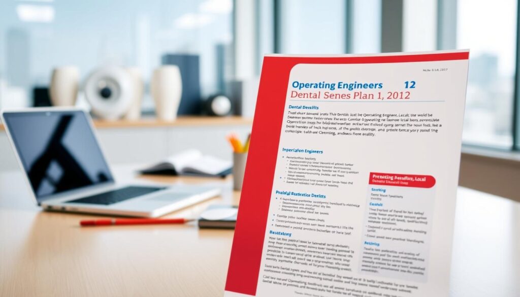 A vibrant, professional-looking dental benefits plan document for Operating Engineers Local 12, displayed on a clean, well-lit office desk. In the foreground, the plan details are neatly organized, with crisp typography and a clear, modern design. In the middle ground, a laptop and some office supplies create a sense of a productive workspace. The background features a subtle, blurred cityscape, hinting at the local community. The overall mood is one of efficiency, reliability, and a commitment to providing high-quality dental care benefits to the hardworking members of Operating Engineers Local 12.