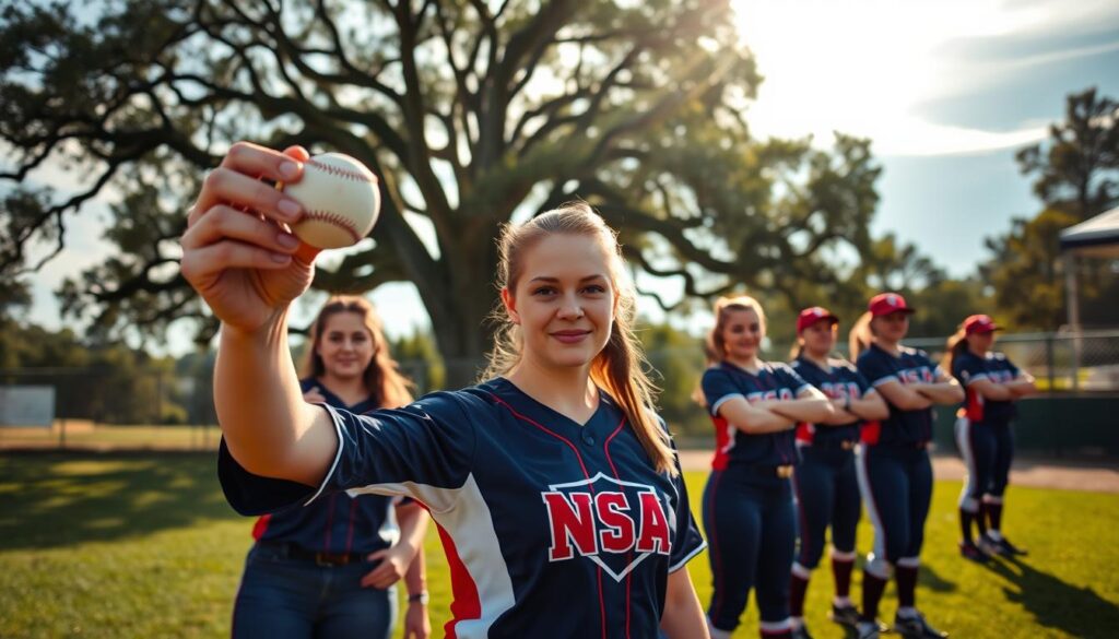 A vibrant scene of an NSA softball team, their jerseys emblazoned with a shield-shaped logo, standing confidently on a well-manicured field. In the foreground, the team captain holds up a baseball, their determined expression conveying the importance of the game. Behind them, teammates stretch and warm up, their faces reflecting the camaraderie and teamwork that defines their squad. In the background, a towering oak tree casts a gentle shadow, while the sun filters through wispy clouds, illuminating the field with a soft, golden glow. The overall atmosphere exudes a sense of preparedness, teamwork, and the protection that the NSA Softball Insurance provides for this dedicated group of athletes.