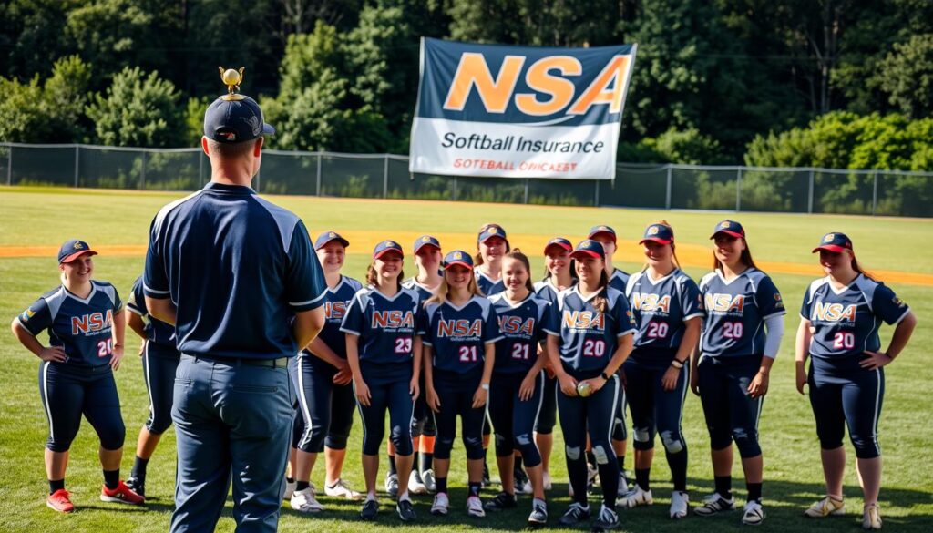 A vibrant team of softball players in NSA (National Softball Association) uniforms gathered on a well-lit, lush green field. In the foreground, the team captain stands tall, holding a softball trophy, conveying a sense of pride and protection. The middle ground features the team members engaged in dynamic gameplay, their expressions focused and determined. In the background, a striking NSA Softball Insurance banner hangs, showcasing the team's commitment to safeguarding their future. The scene is captured with a wide-angle lens, emphasizing the camaraderie and teamwork that defines this NSA softball squad.