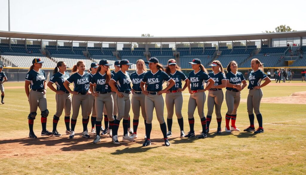 A vibrant team of softball players standing confidently on a well-manicured field, their uniforms emblazoned with the NSA logo. In the foreground, a group of players strategize, their faces determined as they discuss game plans. The middle ground showcases the team in action, their dynamic movements captured mid-play, while the background features a sun-dappled stadium, complete with spectators cheering. The scene is bathed in a warm, golden light, conveying a sense of camaraderie, resilience, and the importance of safeguarding the team's future through comprehensive insurance coverage.