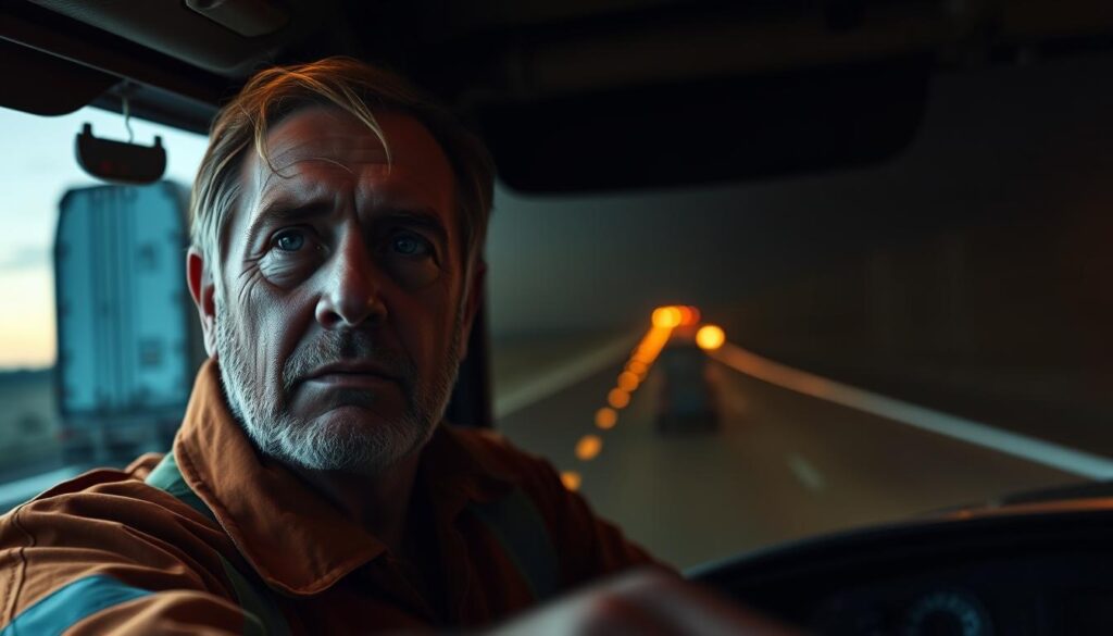 A weathered truck driver navigates the open road, their weary face illuminated by the soft glow of the dashboard lights. In the distance, the silhouettes of towering rigs and the endless expanse of the highway stretch out before them. The cabin is filled with the scent of diesel and the rumble of the engine, a constant companion on this never-ending journey. Against this backdrop, the importance of specialized life insurance for these hardworking individuals is evident, providing a sense of security and protection for the risks they face daily on the open road.