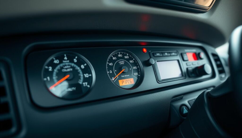 A well-lit, close-up shot of a minibus dashboard, showcasing various insurance-related controls and displays. The panel should feature prominent gauges, switches, and indicators for coverage details like liability, collision, and comprehensive protection. The lighting should create a sense of professionalism and reliability, with a clean, modern aesthetic. The angle should provide a clear, unobstructed view of the dashboard's key features, allowing the viewer to easily understand the comprehensive nature of the minibus insurance coverage.