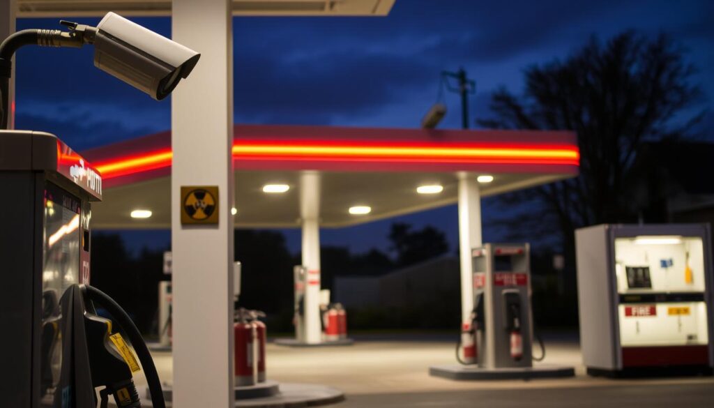 A well-lit gas station at dusk, with a focus on the risks and safety measures in place. The foreground features a prominent fuel dispenser and a security camera, conveying the need for vigilance. The middle ground showcases a well-marked emergency shut-off switch and a hazardous materials signage, underscoring the inherent dangers. In the background, a surveillance system monitors the premises, while a discreet fire extinguisher cabinet stands ready for any emergencies. The overall atmosphere is one of cautious preparedness, with a sense of responsibility and professionalism in managing the unique risks associated with a gas station.