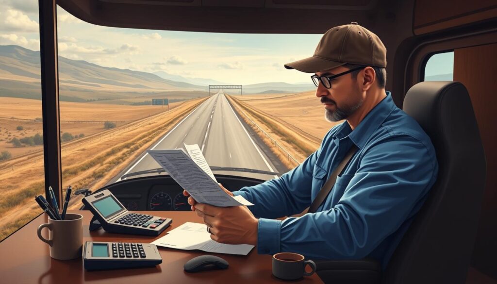 A well-lit, high-resolution digital illustration depicting a hardworking truck driver reviewing life insurance policy documents against the backdrop of an expansive highway leading through rolling countryside. The driver, wearing a blue collared shirt and trucker's cap, is seated at a desk surrounded by calculators, pens, and a cup of coffee, carefully examining the policy's details. The foreground is in sharp focus, while the highway and landscape in the background are slightly blurred, creating a sense of depth and movement. The overall mood is one of diligence and purposefulness, with muted, earthy tones and subtle lighting that conveys the seriousness of the task at hand.