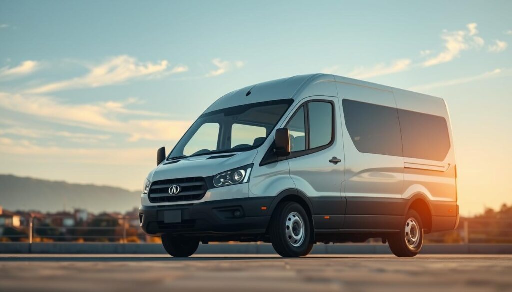 A well-lit, high-resolution image of a minibus with a focus on its insurance-related features. The minibus is positioned in the foreground, showcasing its size, shape, and distinct characteristics. The middle ground includes a city or suburban landscape, hinting at the operational environment. The background features a clear, blue sky with a few wispy clouds, creating a serene, professional atmosphere. The lighting is natural and warm, highlighting the minibus's details and creating depth and dimension. The camera angle is slightly elevated, providing a dynamic, three-quarter view of the vehicle. The overall composition is balanced, drawing the viewer's attention to the minibus and its insurance-related aspects.