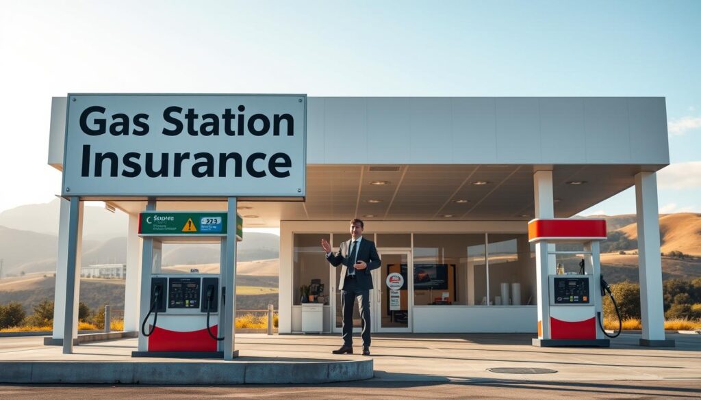 A well-lit, high-resolution image of a modern gas station with a prominent signage displaying "Gas Station Insurance". The foreground shows a row of gas pumps in a clean, well-maintained setting. The middle ground features the main building with a professional insurance agent standing at the entrance, dressed in a suit and tie, gesturing invitingly. The background depicts a scenic landscape with rolling hills and a clear sky, conveying a sense of security and reliability. The lighting is soft and natural, creating a welcoming atmosphere. The overall composition emphasizes the importance of comprehensive insurance coverage for gas station owners, highlighting the expertise and trustworthiness of the insurance provider.