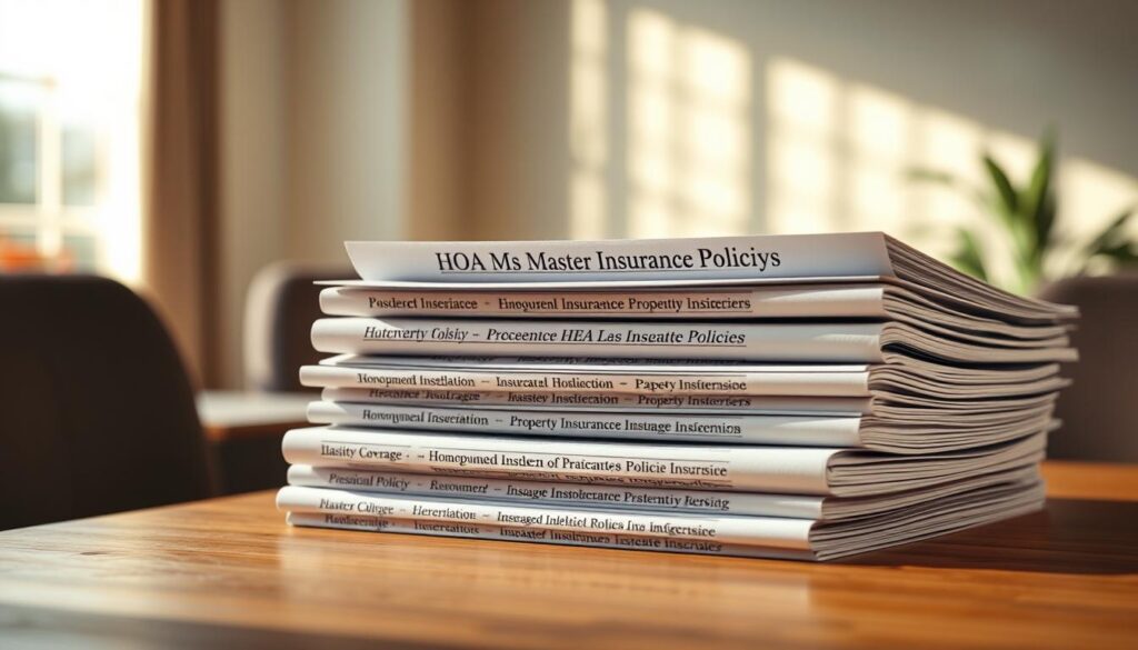 A well-lit, high-resolution image of various types of homeowners association (HOA) master insurance policies displayed on a wooden table. The policies are neatly stacked, with their titles and coverage details clearly visible. The background features a soft, blurred office setting, emphasizing the importance and formality of the subject matter. The lighting is warm and natural, casting subtle shadows that add depth and dimension to the scene. The camera angle is slightly elevated, allowing the viewer to clearly see the different policy types, ranging from liability coverage to property damage protection. The overall mood is professional and informative, reflecting the significance of understanding the nuances of HOA master insurance policies.