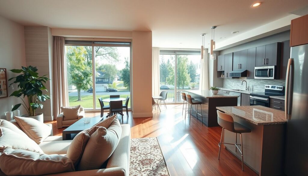 A well-lit, high-resolution interior scene of a modern Nebraska condo. In the foreground, a cozy living room with plush furniture, a large window offering a scenic view of a tree-lined street. In the middle ground, a sleek kitchen with stainless steel appliances and granite countertops. The background showcases a spacious, open-concept layout with hardwood floors and neutral-toned walls. The lighting is warm and inviting, creating a comfortable, homely atmosphere. The overall composition emphasizes the condo's safety, comfort, and attention to detail - reflecting the comprehensive coverage of Nebraska condo insurance.