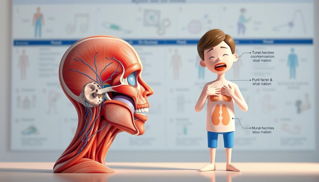 A well-lit, high-resolution medical illustration depicting the various components of myofunctional therapy. In the foreground, a detailed anatomical diagram showcases the muscles, nerves, and connective tissues involved in oral and facial functions. The middle ground features an animated figure demonstrating therapeutic exercises, such as tongue and lip movements, to improve coordination and muscle tone. The background provides a sense of depth, with soothing, pastel-colored medical diagrams or illustrations related to the diagnosis and treatment of myofunctional disorders. The overall mood is informative, educational, and visually engaging, capturing the essence of this specialized form of therapy.