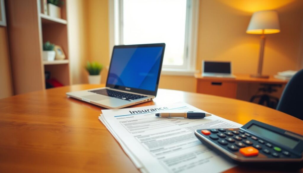 A well-lit office space with a wooden desk and a laptop computer. Atop the desk, a stack of insurance documents, a pen, and a calculator, symbolizing the process of reviewing and calculating insurance payments. The background features a warm, inviting color scheme, with a window providing natural light and a sense of openness. The overall scene conveys a professional, organized, and efficient environment for managing insurance-related tasks.