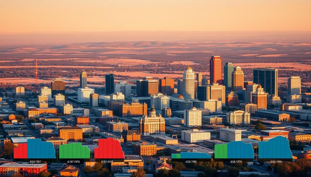 A wide, panoramic cityscape depicting the major cities of Nebraska, showcasing their distinct architectural styles and skylines. In the foreground, a series of detailed graphs and charts display the average condo insurance costs for each city, with vibrant colors and clear labeling to convey the data in an engaging manner. The middle ground features a mix of residential and commercial buildings, illuminated by warm, golden lighting that casts long shadows. In the background, a hazy, atmospheric landscape stretches out, with rolling hills and a vast, open sky that creates a sense of depth and scale. The overall composition is balanced, with a harmonious blend of realistic details and data visualization elements that seamlessly integrate to form a visually striking and informative illustration.