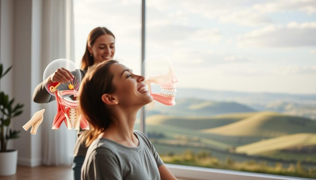 An airy, light-filled room showcases the benefits of myofunctional therapy. In the foreground, a patient performs gentle oral-facial exercises under the guidance of a caring therapist. The middle ground features 3D anatomical visualizations, highlighting the complex musculature and functions of the mouth, tongue, and jaw. In the background, a serene landscape with rolling hills and a calming sky sets a tranquil mood, symbolizing the holistic approach of this therapeutic modality. Soft, diffused lighting illuminates the scene, capturing the restorative essence of myofunctional therapy. The composition emphasizes the collaborative nature of the treatment, fostering a sense of empowerment and well-being.