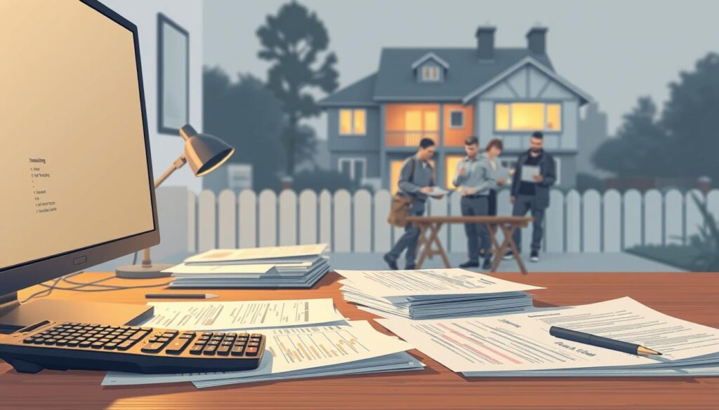 An insurance restoration billing process, captured in a detailed illustration. In the foreground, a desktop workspace with a computer, calculator, and neatly organized paperwork. In the middle ground, a team of experts collaborating, reviewing estimates and approving claims. In the background, a muted yet vibrant scene of a partially restored property, hinting at the scope of the project. Soft, warm lighting illuminates the scene, creating a sense of professionalism and efficiency. The composition is balanced, with clean lines and a focus on the key elements of the billing workflow. The overall mood is one of diligence and precision, reflecting the importance of accurate documentation and seamless collaboration between insurers and restoration companies.