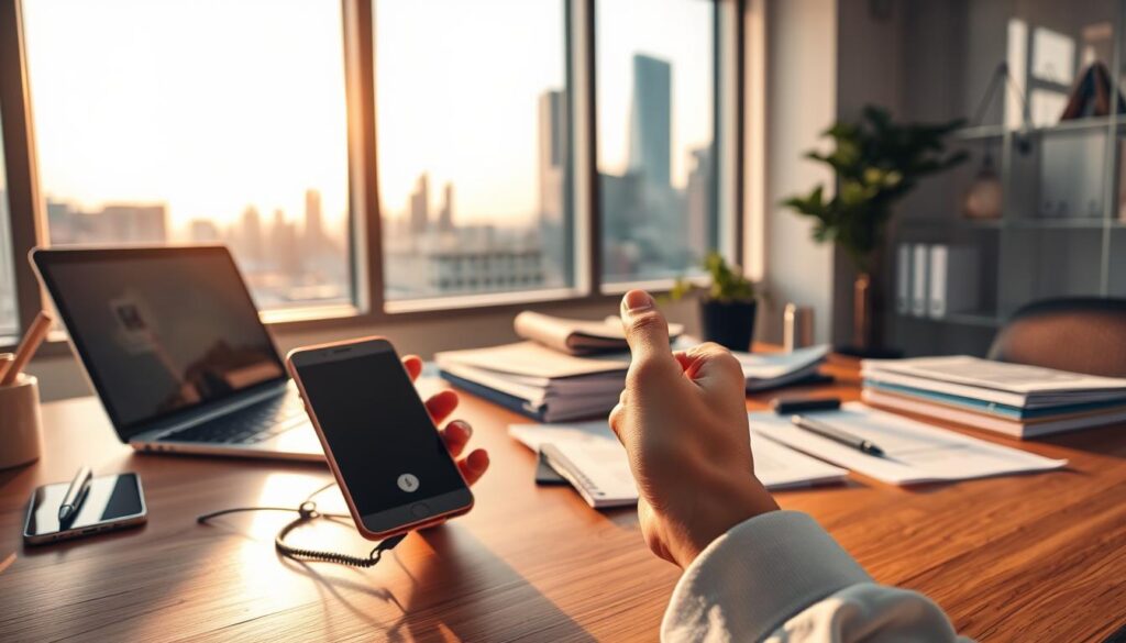 An office desk with a laptop, smartphone, and various office supplies, illuminated by warm, natural lighting from a large window. In the foreground, a pair of hands holding a phone, representing a "live transfer lead" call. The middle ground features a stack of papers and a pen, symbolizing the process of capturing and following up on leads. The background showcases a city skyline, conveying the dynamic, urban setting where these leads are generated. The overall mood is one of productivity, opportunity, and the hustle of modern business.