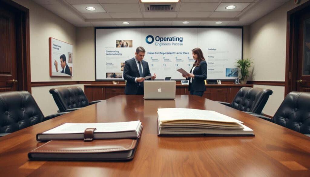 An office interior scene depicting the "Eligibility Requirements for Dental Benefits" for an Operating Engineers Local 12 dental plan. The foreground shows a wooden conference table with leather-bound documents and a laptop, representing administrative materials. The middle ground features two professionals in business attire reviewing paperwork, conveying the idea of reviewing eligibility criteria. The background showcases a wall display with insurance-related graphics and a company logo, establishing the professional and institutional setting. Soft, indirect lighting creates a warm, authoritative atmosphere, while the camera angle provides a slightly elevated, panoramic view to suggest an overview of the plan's key details.