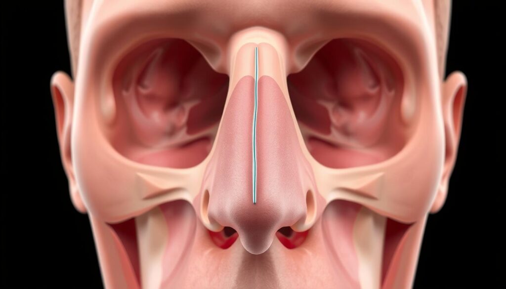Detailed anatomical cross-section of a human nasal cavity, highlighting a deviated septum. Crisp medical illustration style with clean lines and subdued colors. Foreground shows the misaligned nasal septum obstructing airflow, with clear delineation between the left and right nasal passages. Middle ground reveals the underlying bone and cartilage structures. Background softly renders the surrounding sinus cavities and nasal conchae. Bright, even lighting from above casts subtle shadows to accentuate the 3D form. High-resolution, photorealistic quality suitable for educational or medical purposes.