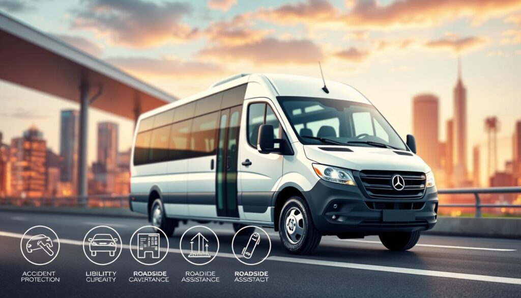 Detailed illustration of a minibus with comprehensive insurance coverage options. Prominently featured in the center, the minibus is depicted in a clean, modern design with a sleek exterior and well-lit interior. In the foreground, various insurance-related icons and graphics convey the breadth of coverage, such as accident protection, liability, and roadside assistance. The background showcases a vibrant cityscape, hinting at the diverse business needs the minibus insurance caters to. The scene is captured through a wide-angle lens, creating a sense of depth and scale. The overall mood is professional, informative, and reassuring, reflecting the reliable nature of the minibus insurance solutions.