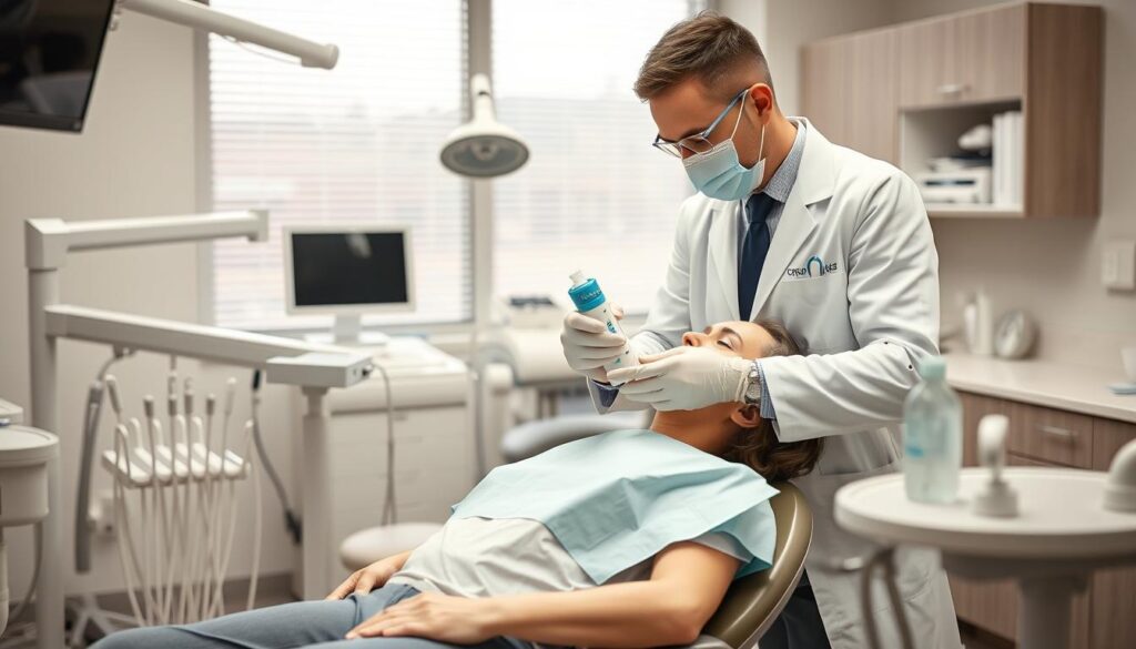 Generate an image of a dentist administering nitrous oxide to a patient.