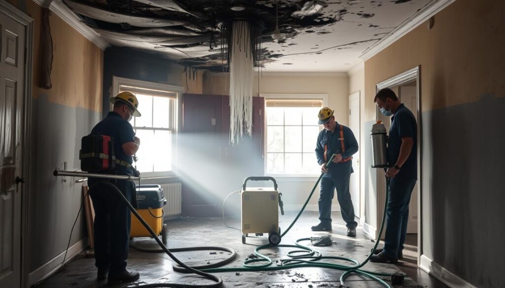 Generate an image of a fire damage restoration team cleaning a smoke-damaged interior.