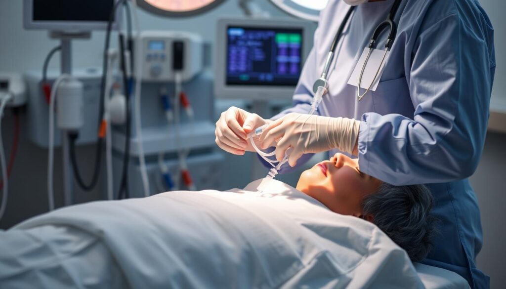 Generate an image of a medical professional administering IV sedation.