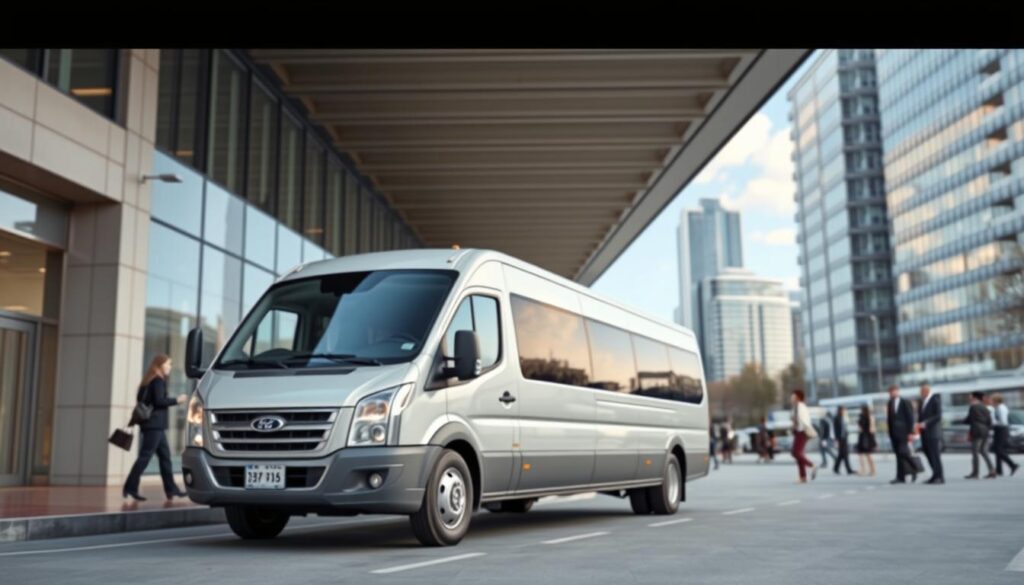 Generate an image of a minibus in a business setting