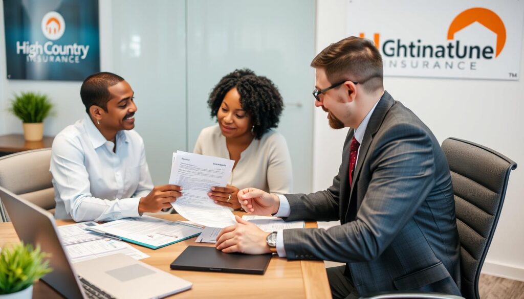 Generate an image of a person reviewing insurance policy documents with a High Country Insurance agent.