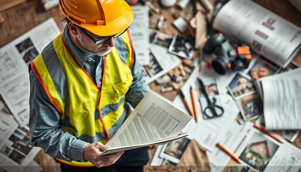 Generate an image of a professional assessing property damage with a detailed report and photographs.