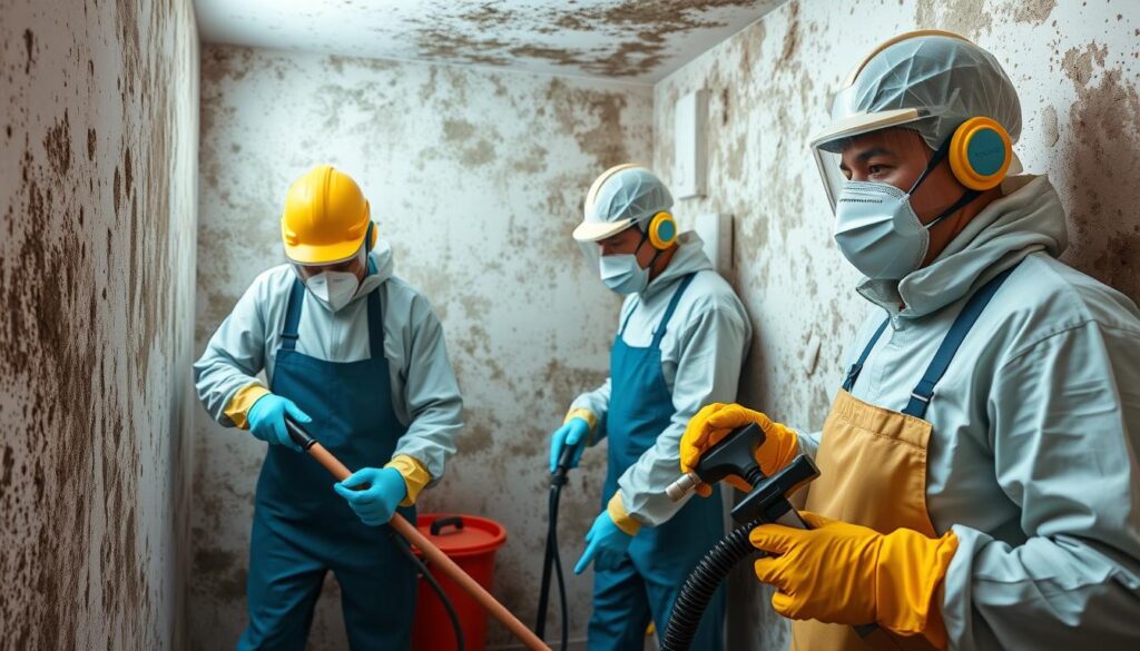 Generate an image of a professional mold remediation team in protective gear, cleaning a mold-affected area.